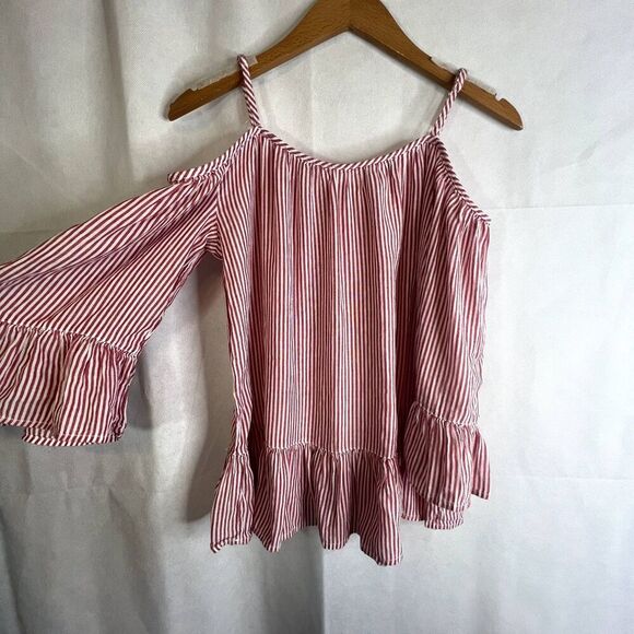 Beach Lunch Lounge Bell Statement Sleeve Blouse Striped Cold Shoulder Size XS - Picture 4 of 11